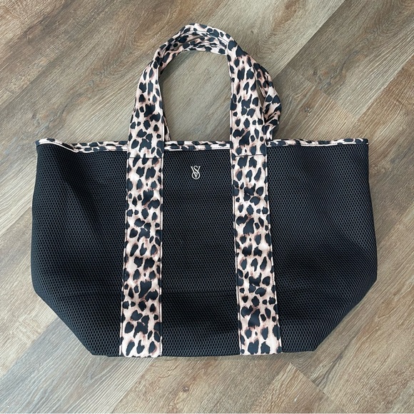 Victoria's Secret Handbags - Victoria's Secret Black Mesh Beach Tote with Leopard Straps